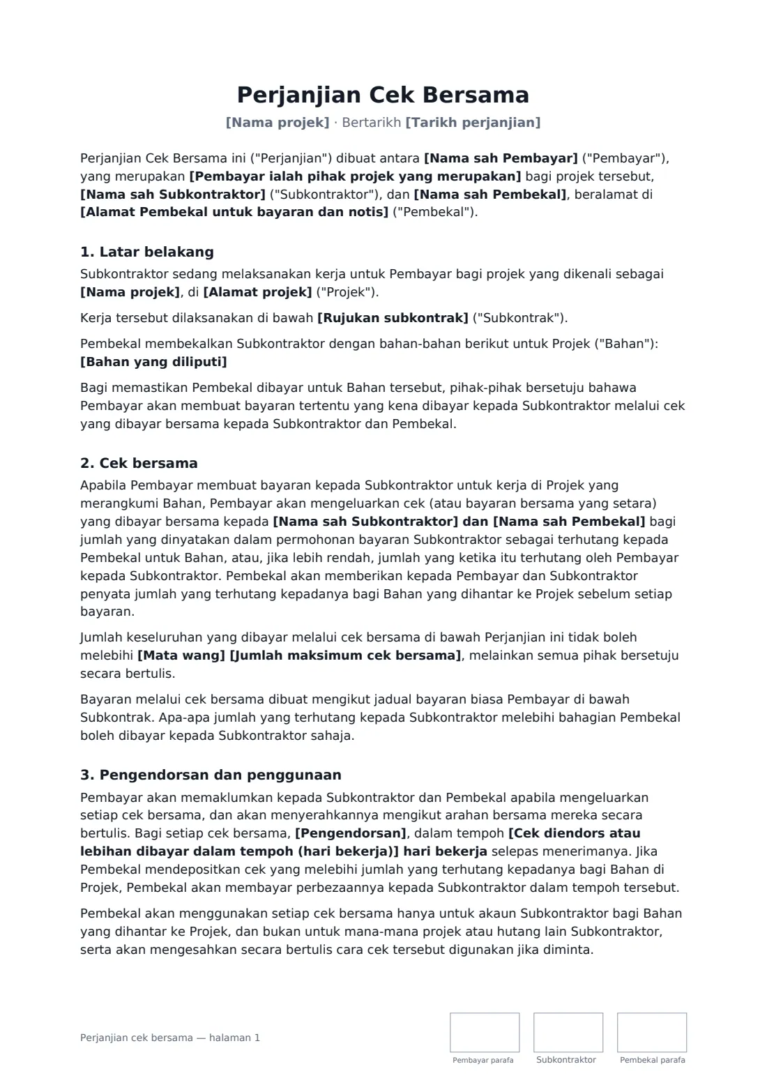 Perjanjian cek bersama — halaman 1 daripada 3