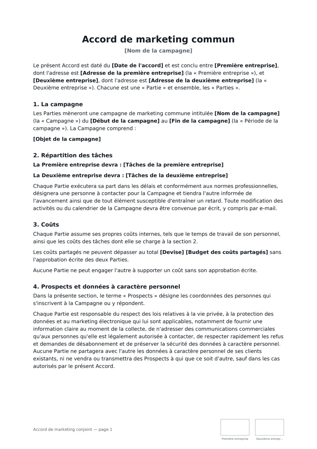 Accord de marketing conjoint — page 1 sur 3