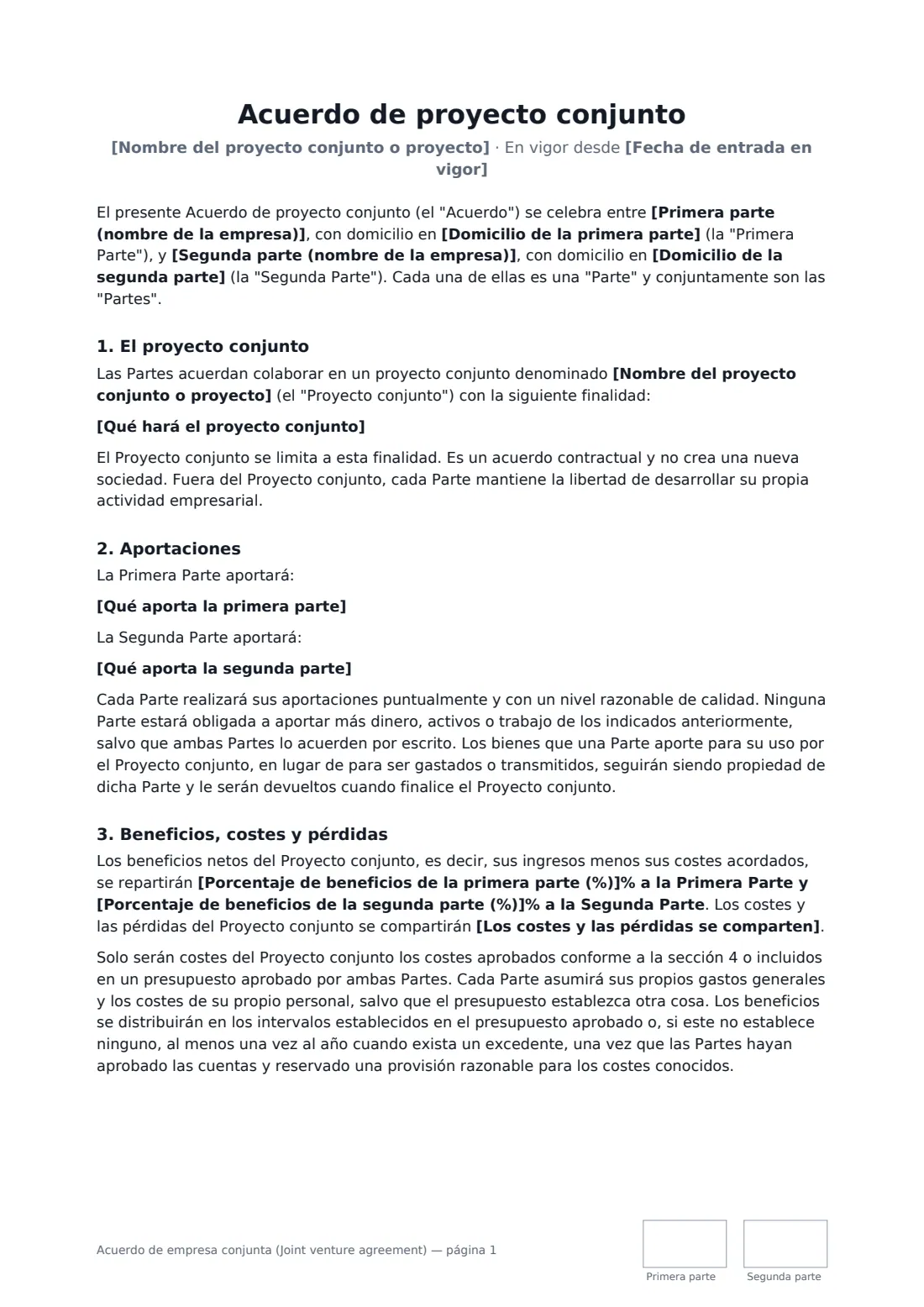 Acuerdo de empresa conjunta (Joint venture agreement): página 1 de 4