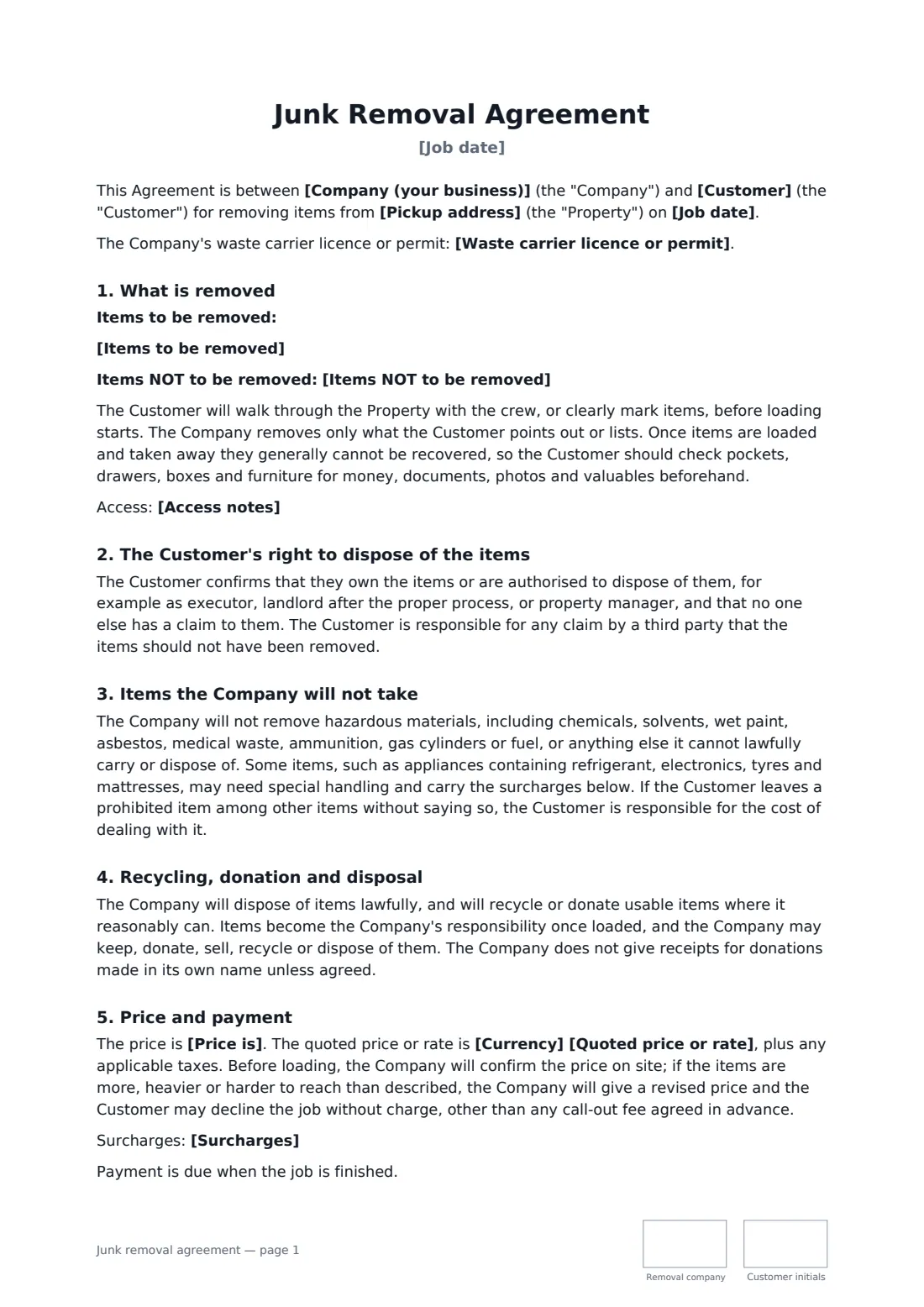 Junk removal agreement — page 1 of 2