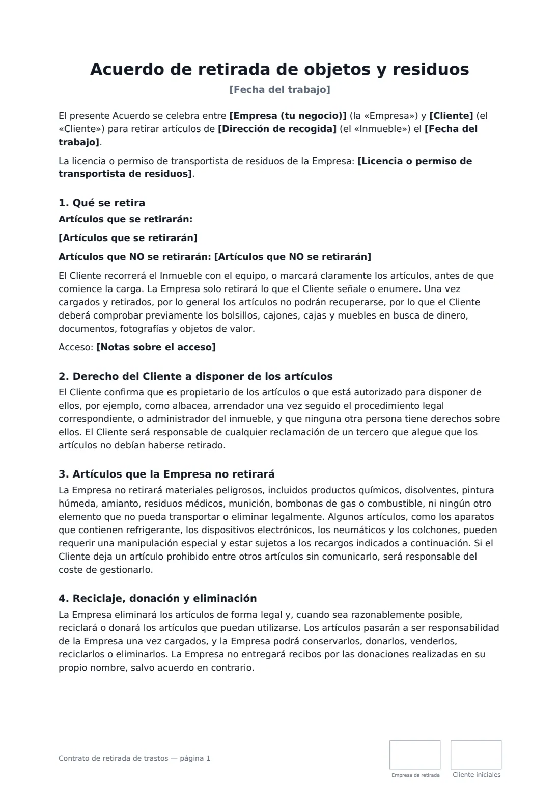 Contrato de retirada de trastos: página 1 de 2