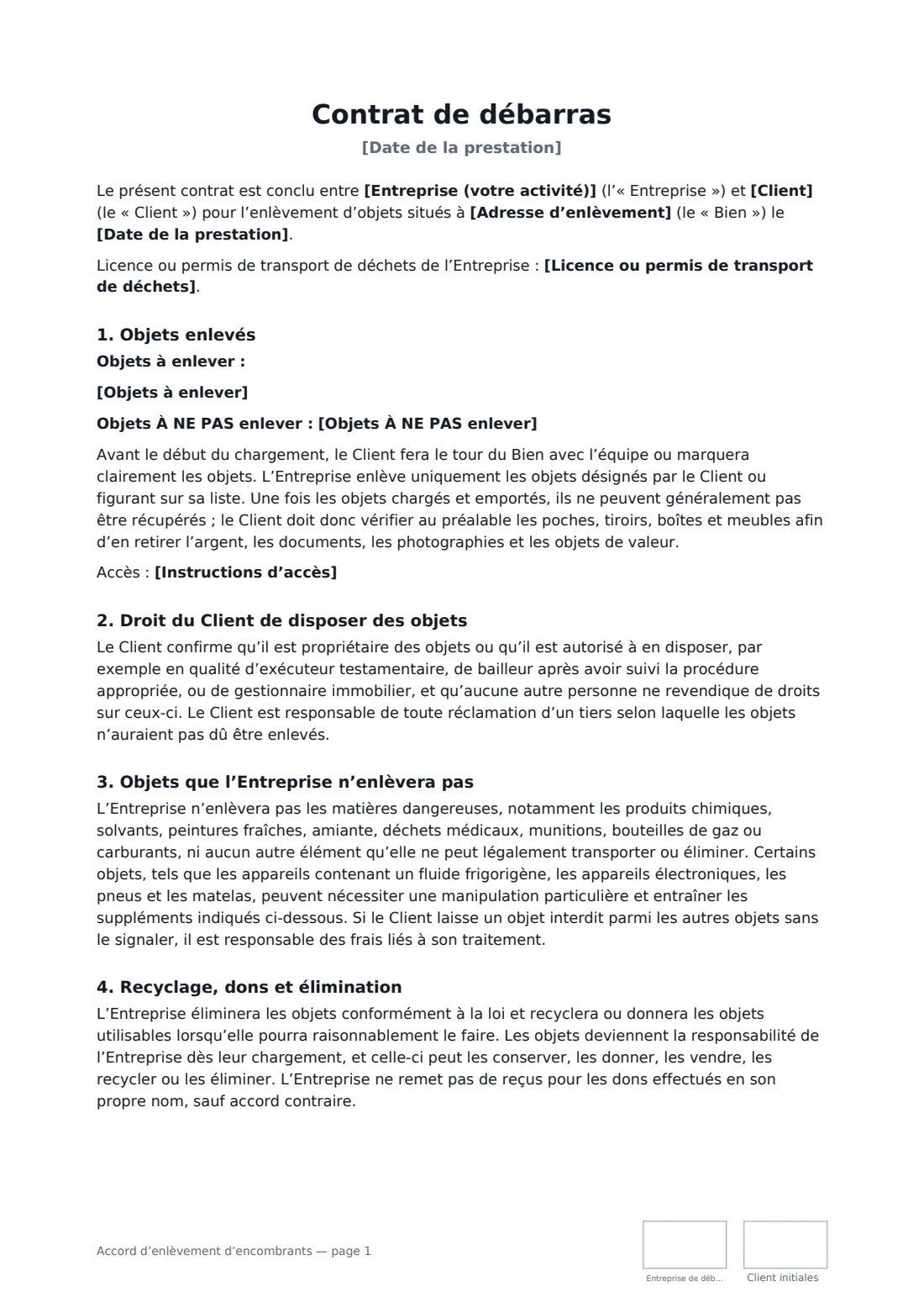 Accord d’enlèvement d’encombrants — page 1 sur 2