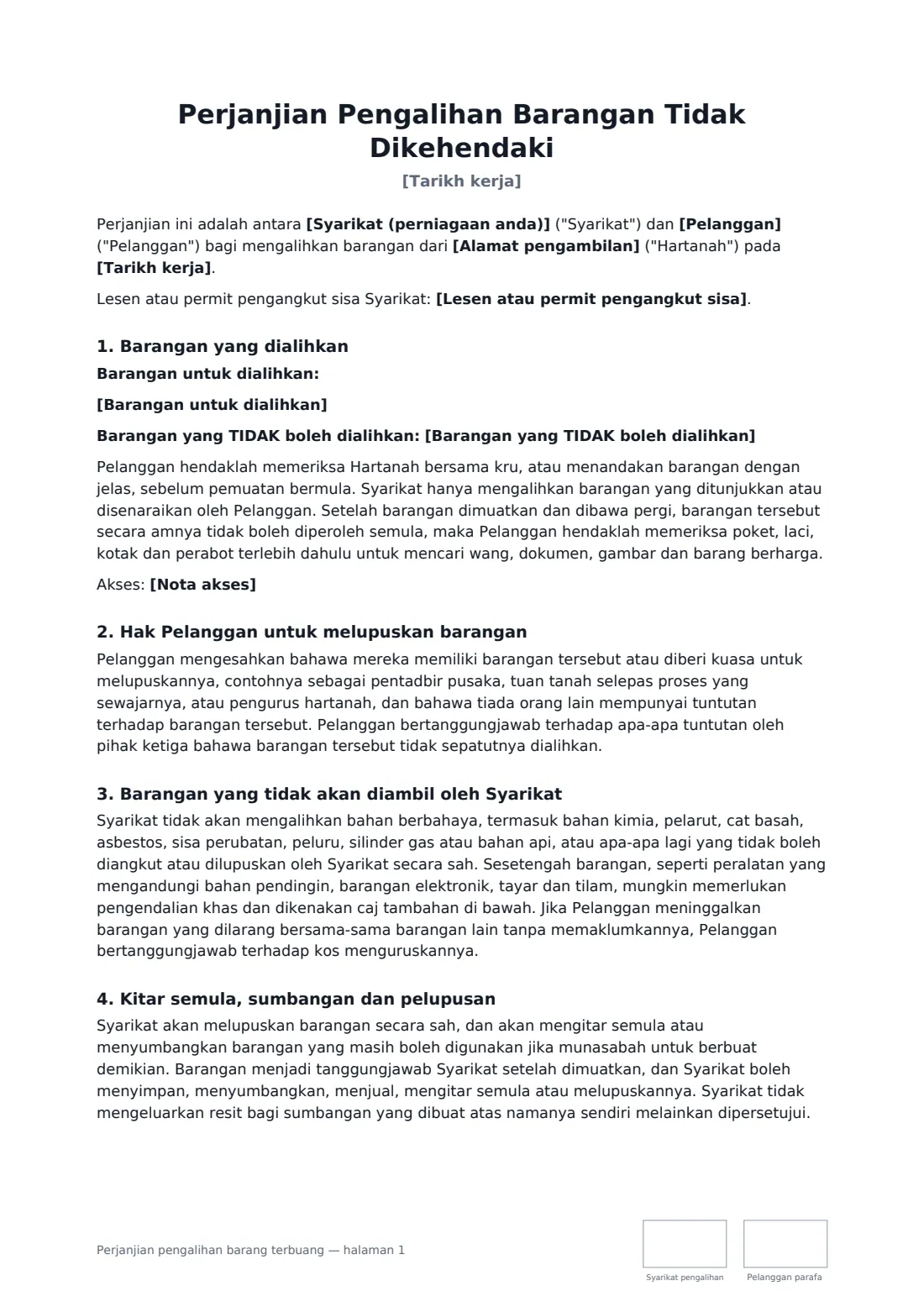 Perjanjian pengalihan barang terbuang — halaman 1 daripada 2