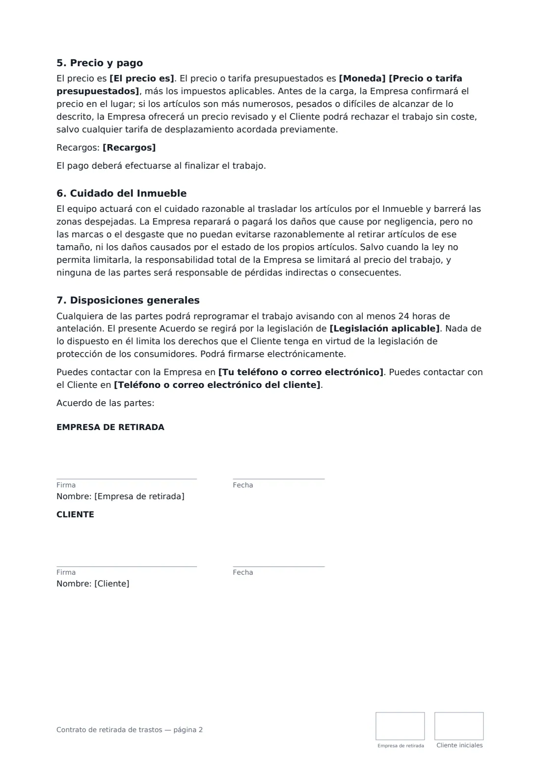 Contrato de retirada de trastos: página 2 de 2