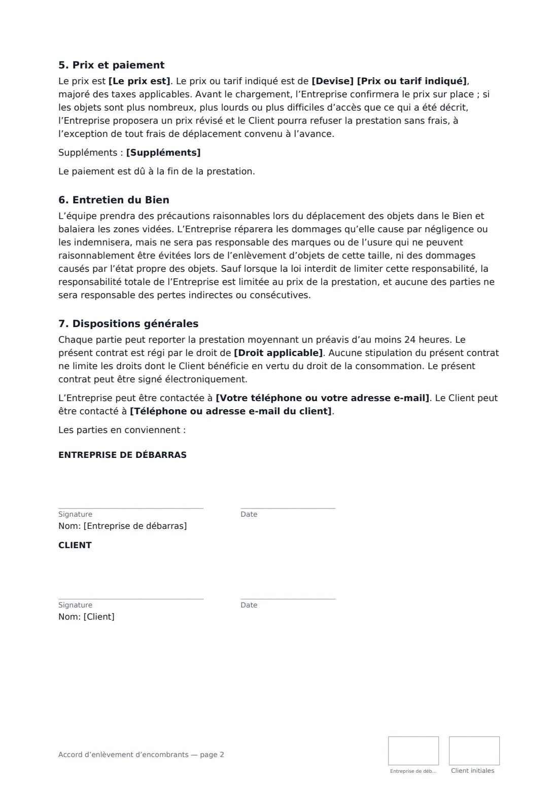 Accord d’enlèvement d’encombrants — page 2 sur 2