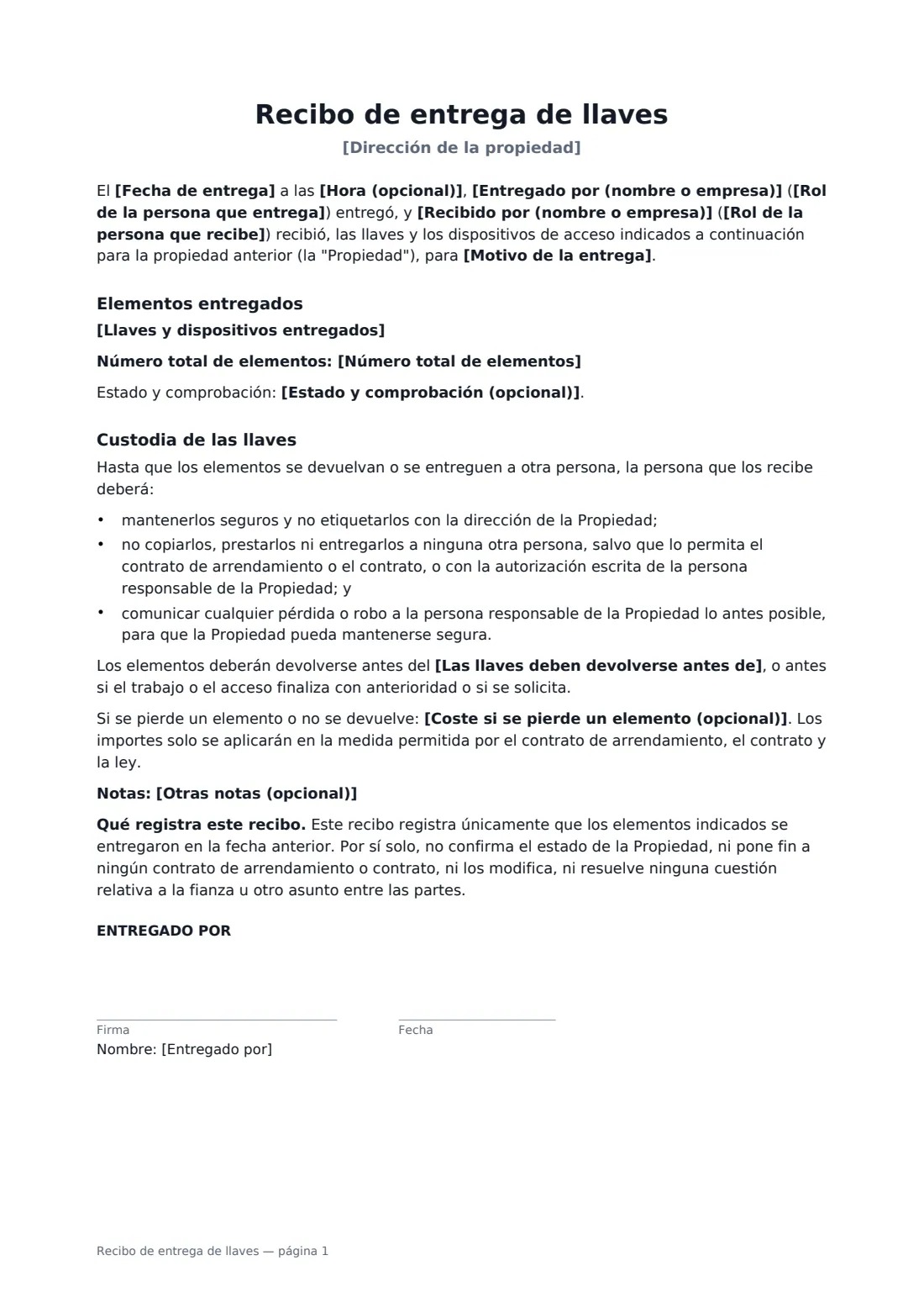 Recibo de entrega de llaves: página 1 de 2