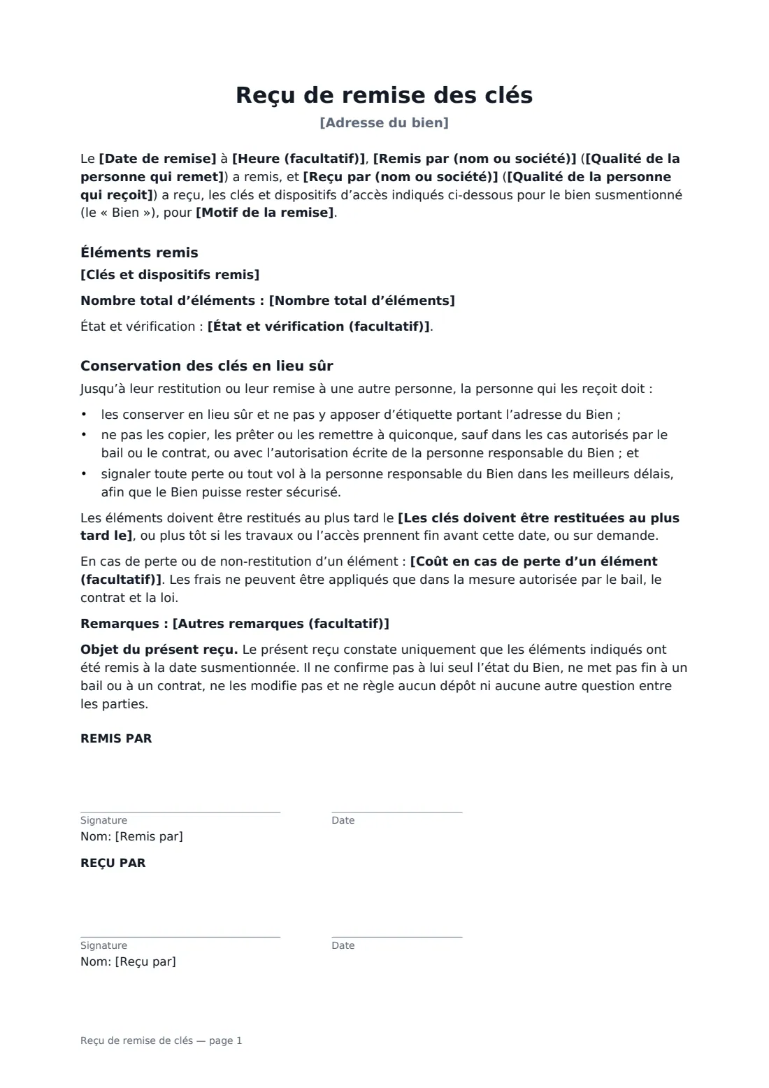 Reçu de remise de clés — page 1 sur 1