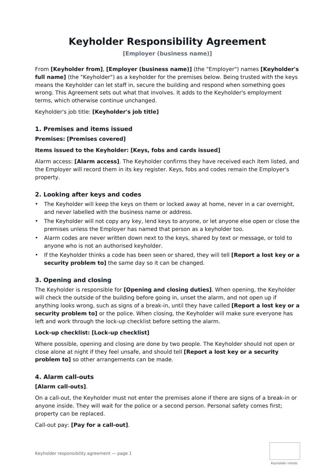 Keyholder responsibility agreement — page 1 of 2