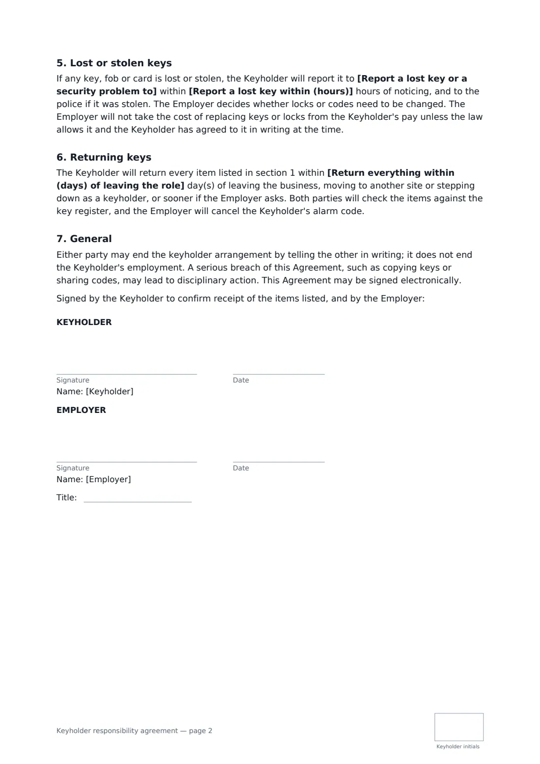 Keyholder responsibility agreement — page 2 of 2