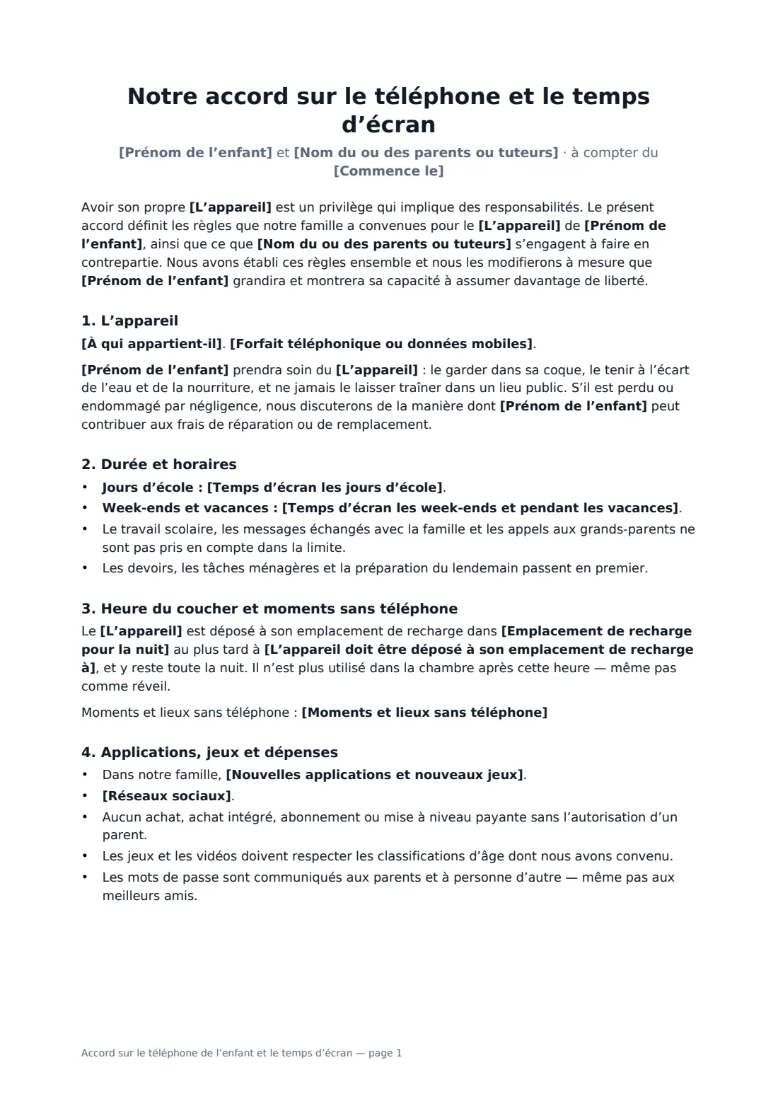 Accord sur le téléphone de l’enfant et le temps d’écran — page 1 sur 3