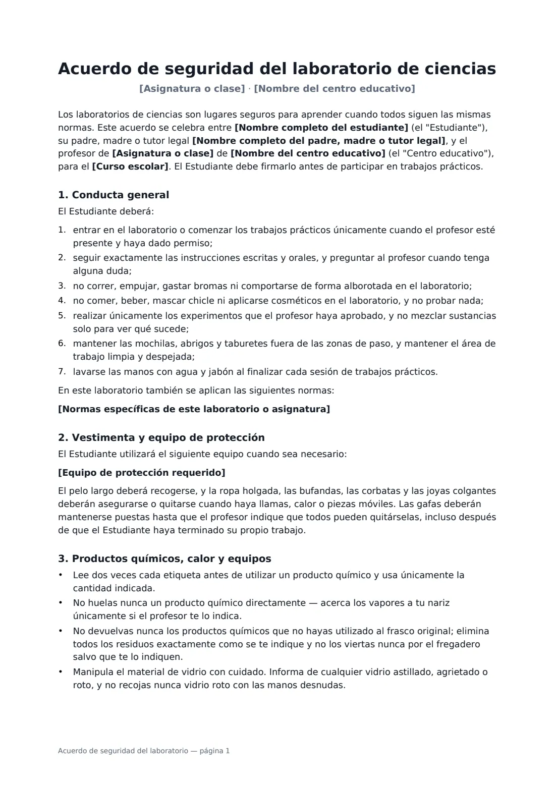 Acuerdo de seguridad del laboratorio: página 1 de 3
