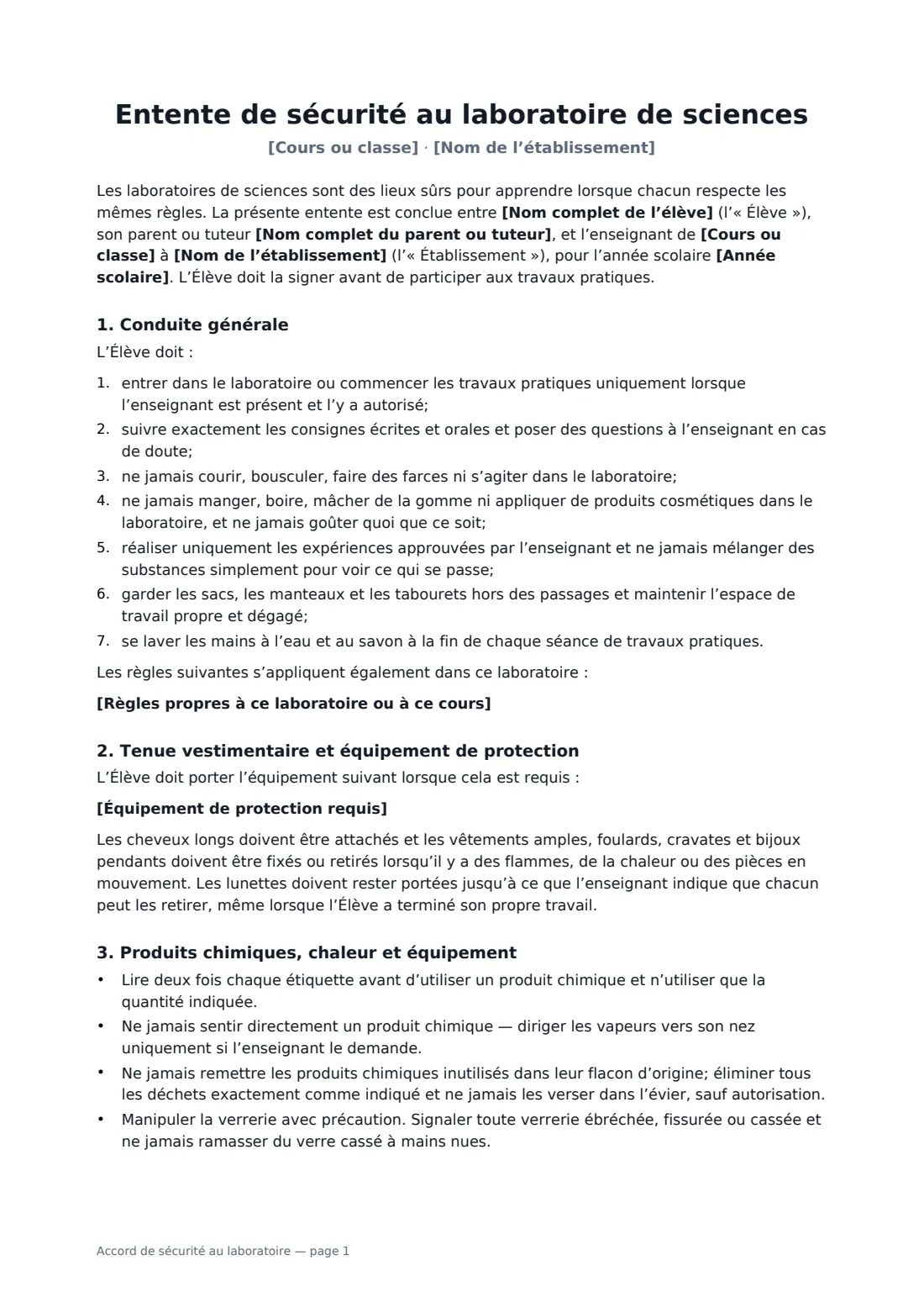 Accord de sécurité au laboratoire — page 1 sur 3