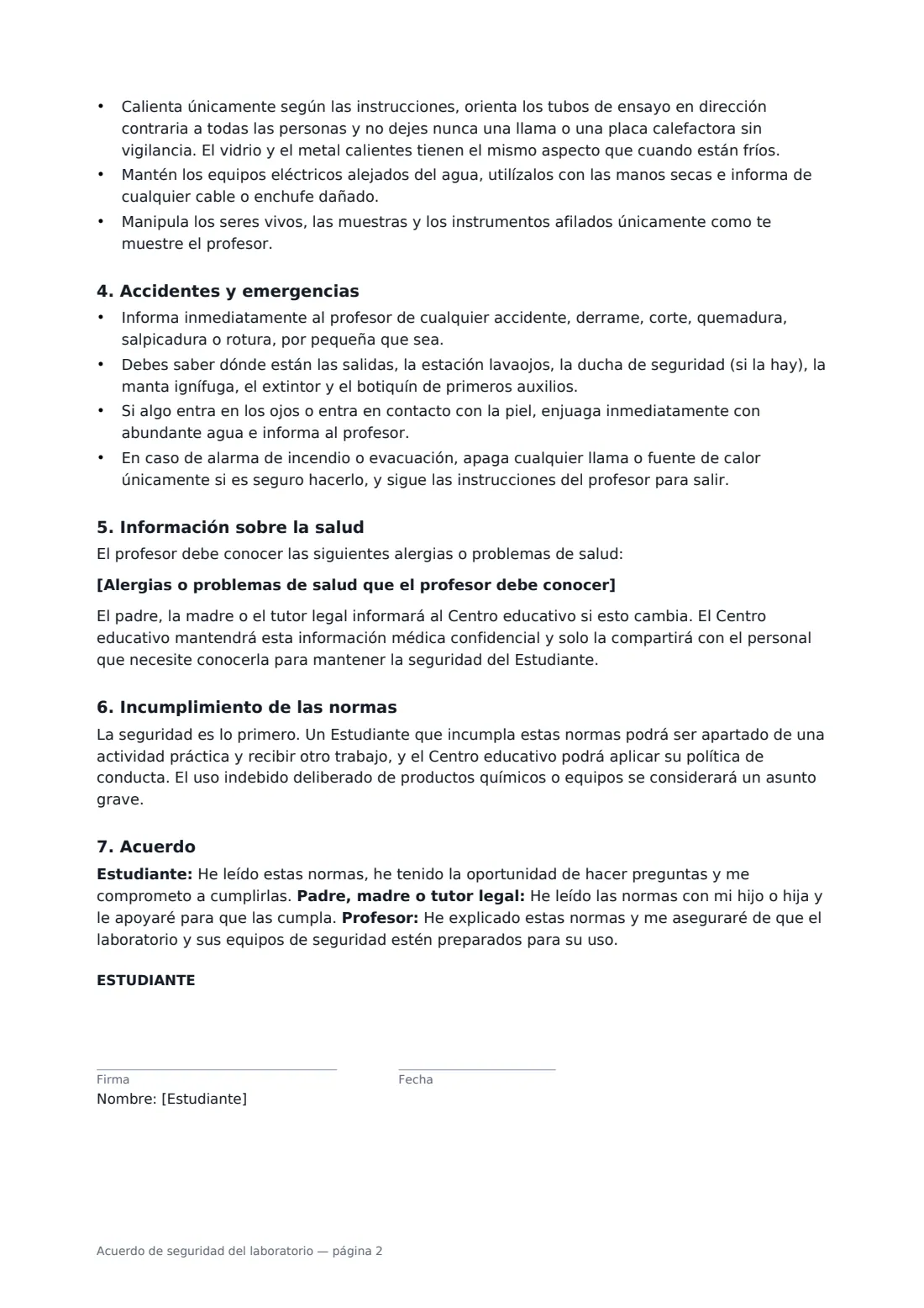 Acuerdo de seguridad del laboratorio: página 2 de 3