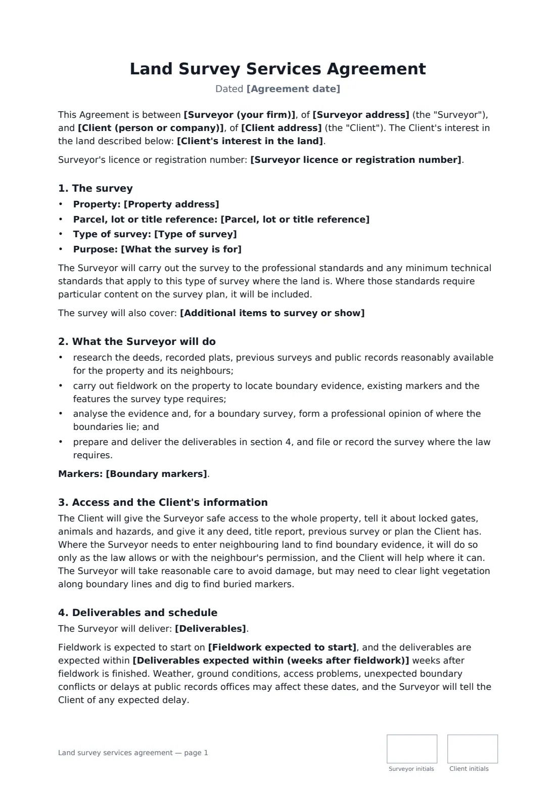 Land survey services agreement — page 1 of 3