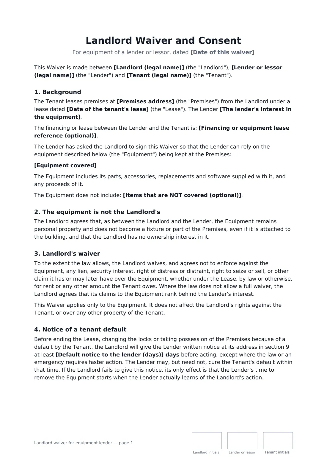 Landlord waiver for equipment lender — page 1 of 3