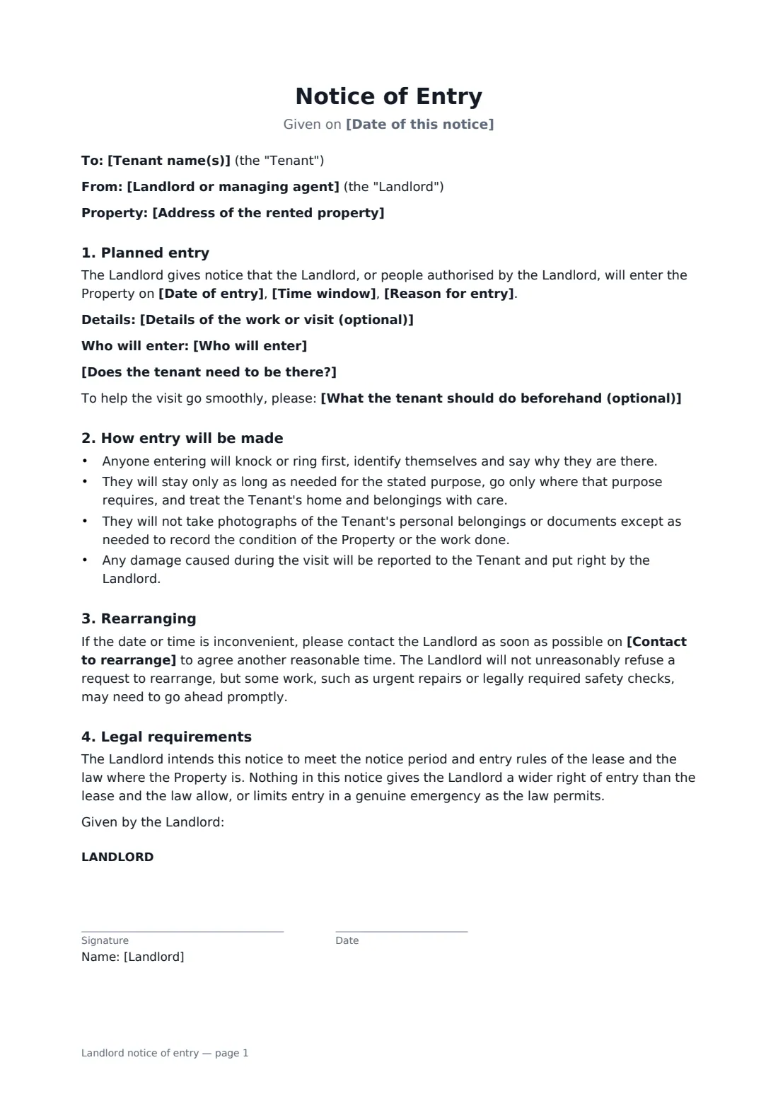 Landlord notice of entry — page 1 of 2