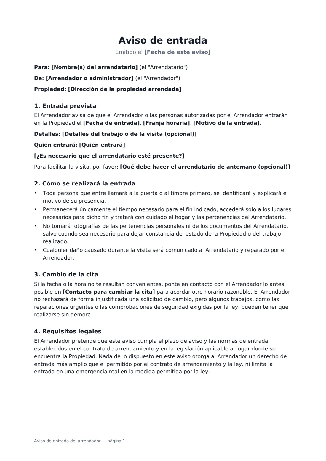 Aviso de entrada del arrendador: página 1 de 2