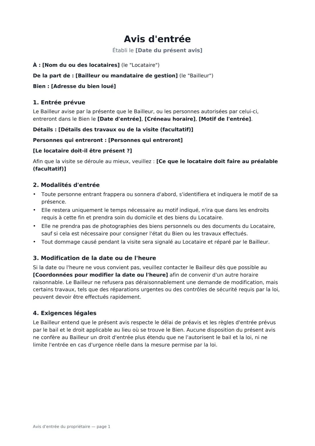 Avis d’entrée du propriétaire — page 1 sur 2