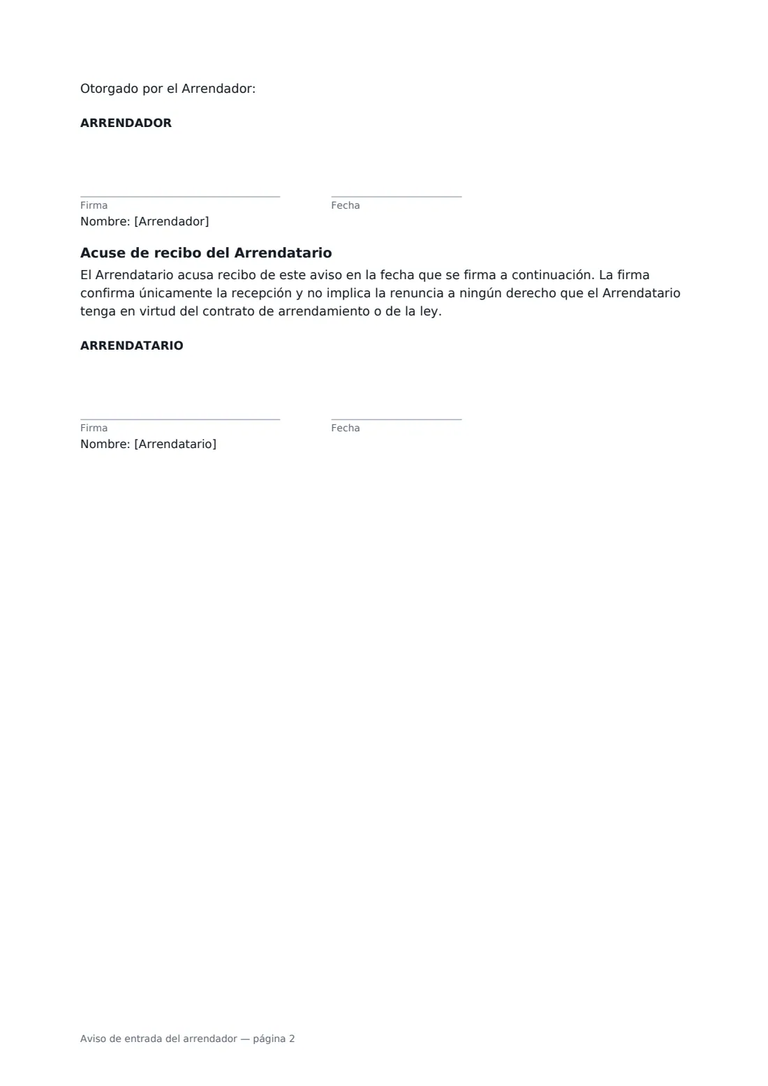 Aviso de entrada del arrendador: página 2 de 2