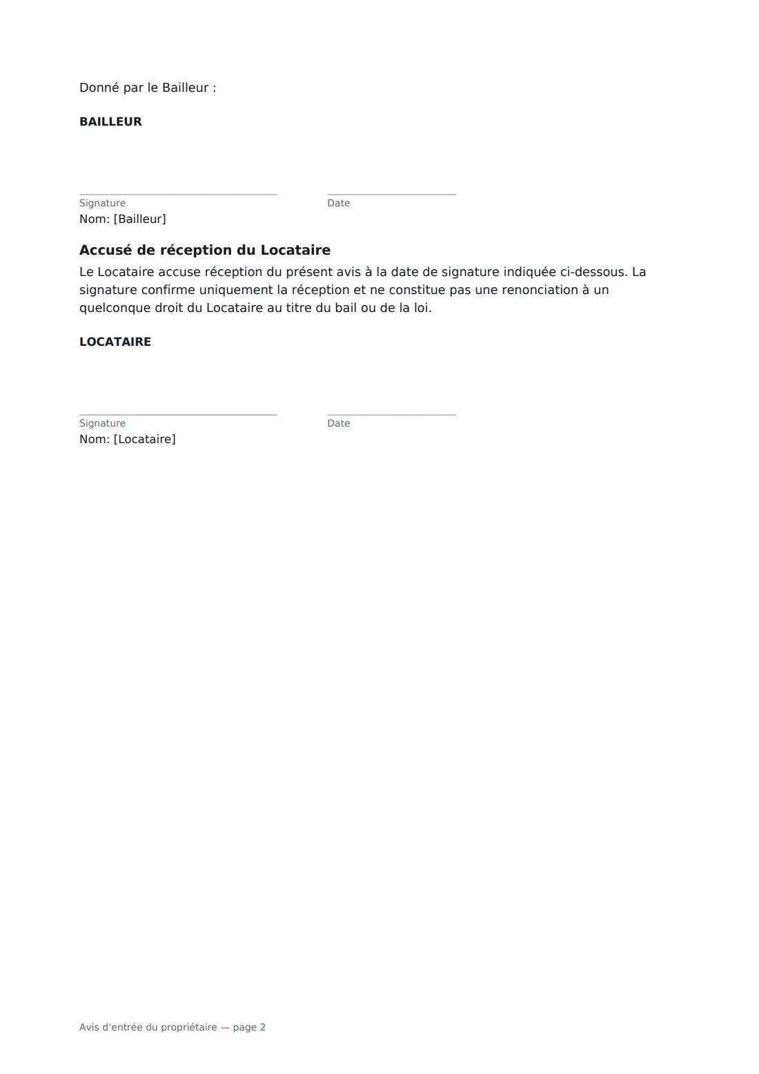 Avis d’entrée du propriétaire — page 2 sur 2