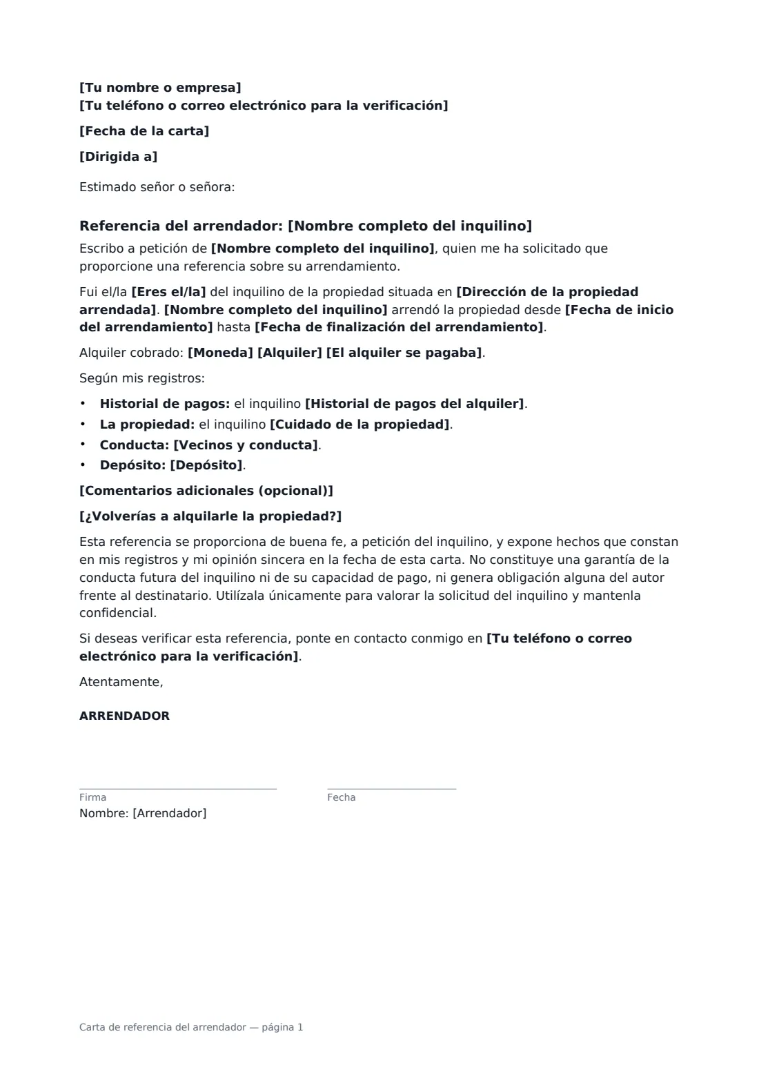 Carta de referencia del arrendador: página 1 de 1