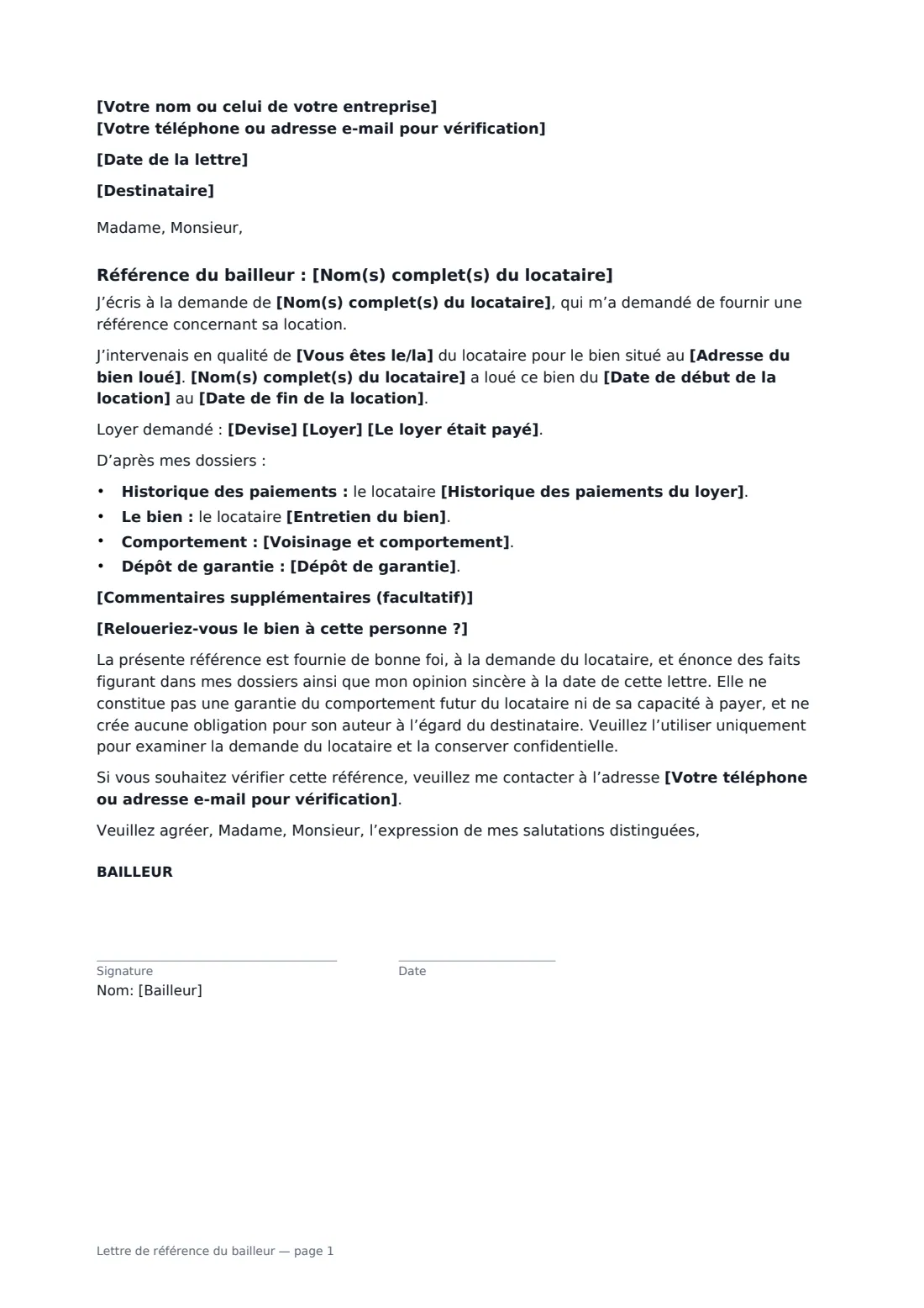 Lettre de référence du bailleur — page 1 sur 1