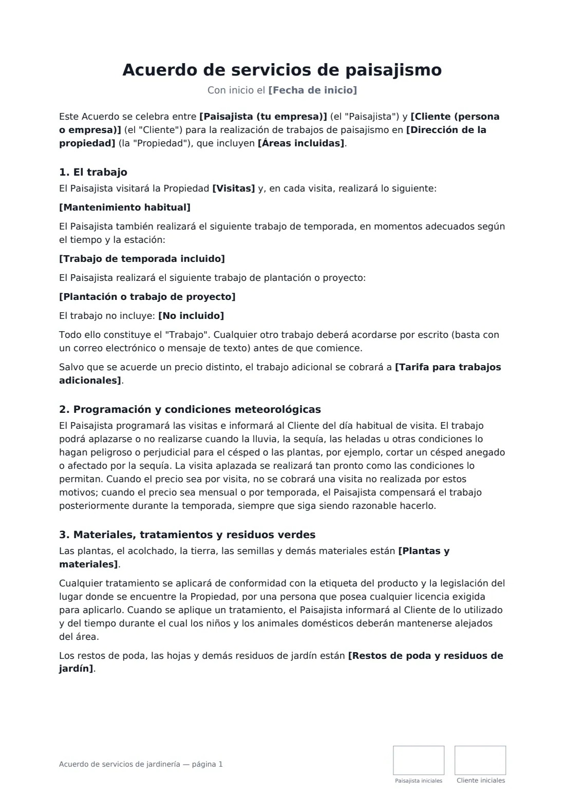 Acuerdo de servicios de jardinería: página 1 de 3
