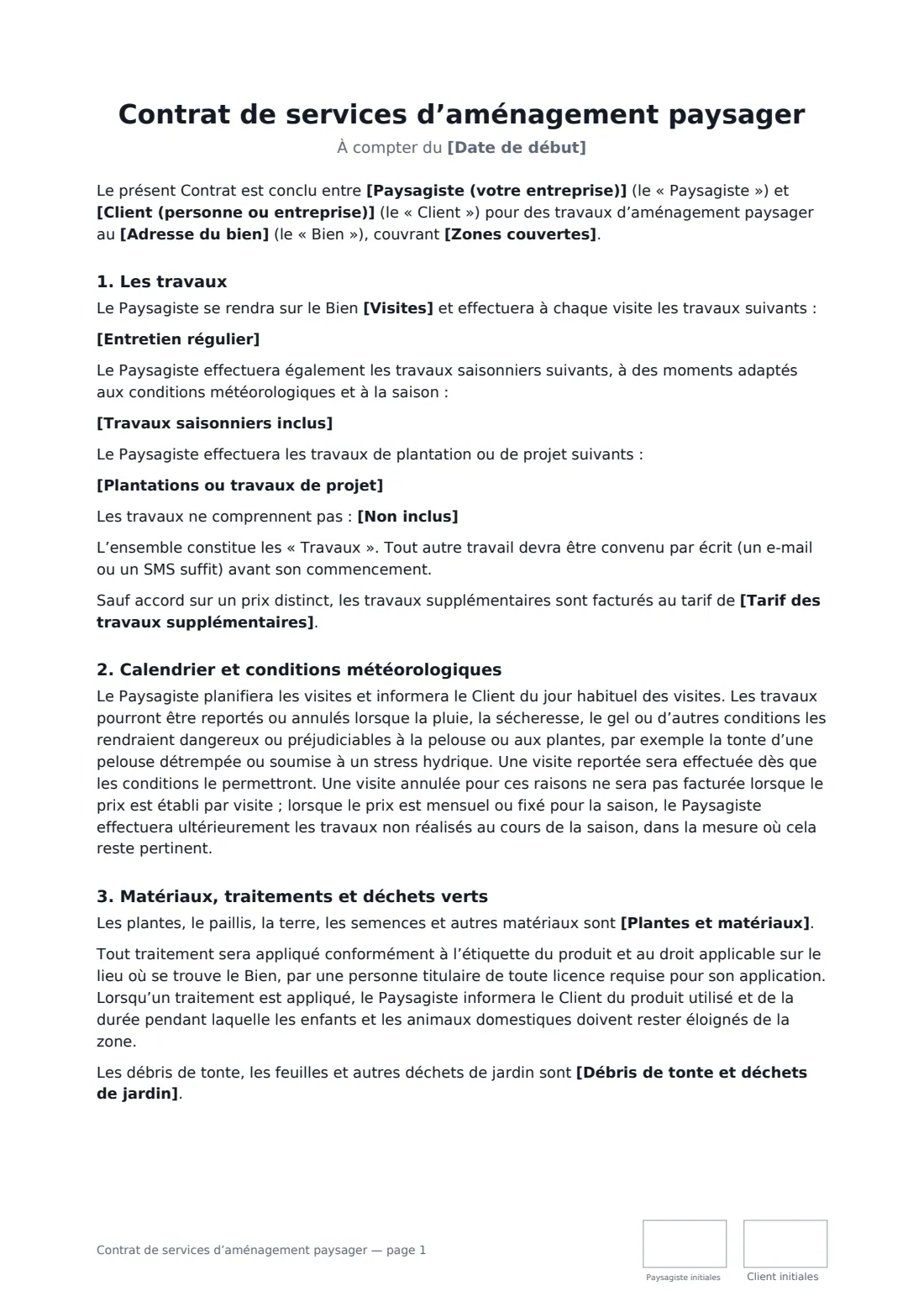 Contrat de services d’aménagement paysager — page 1 sur 3