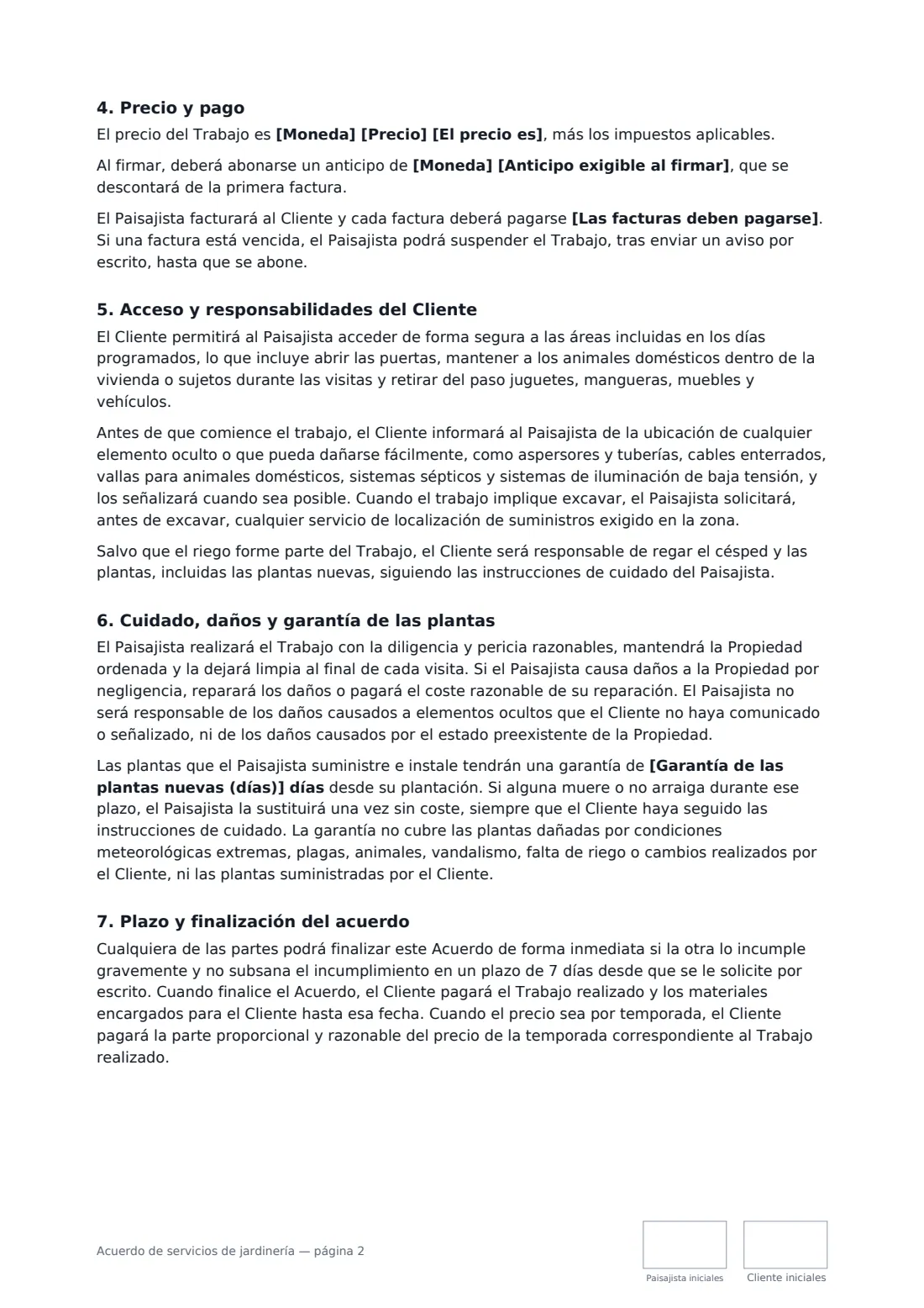 Acuerdo de servicios de jardinería: página 2 de 3