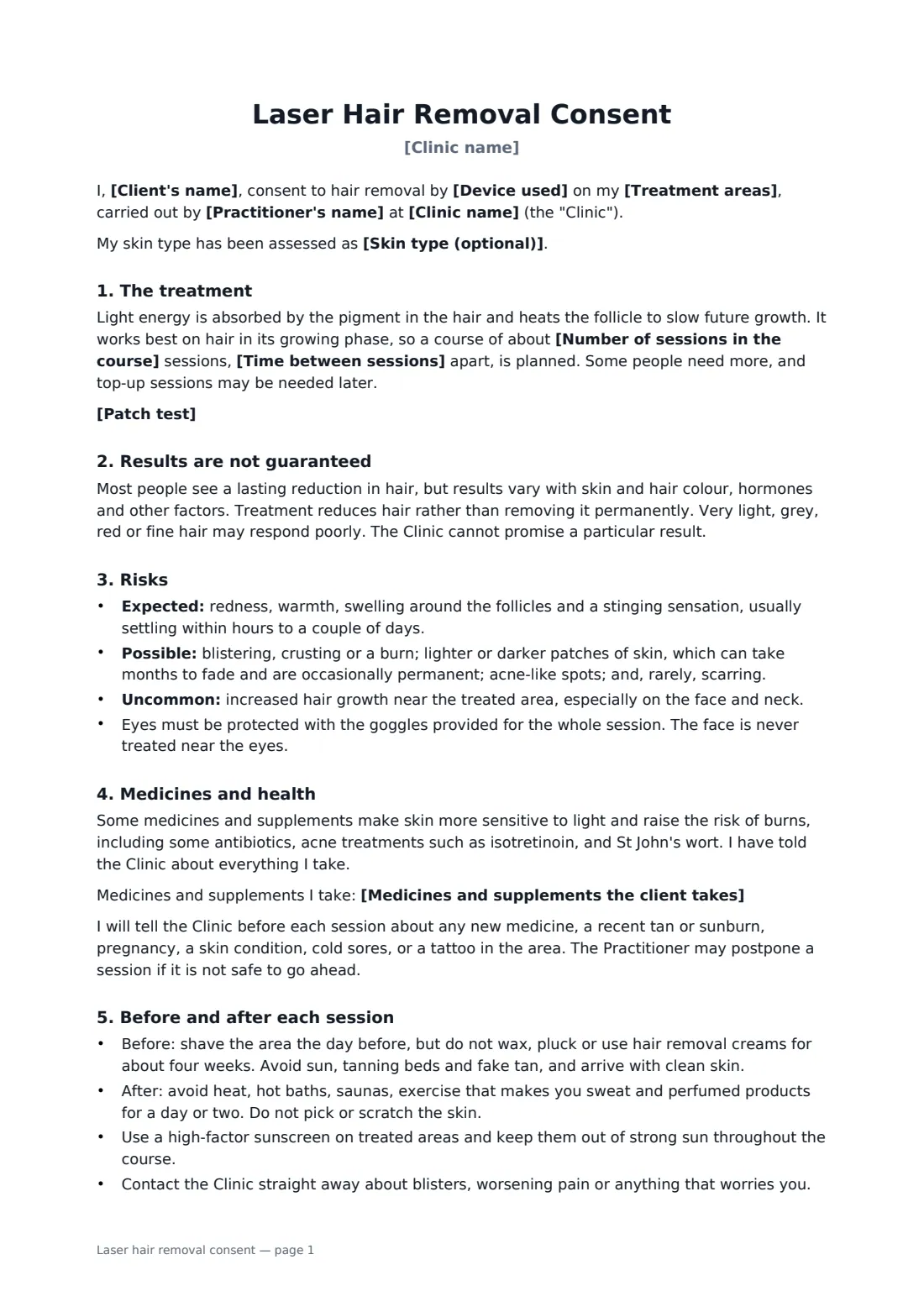 Laser hair removal consent — page 1 of 2