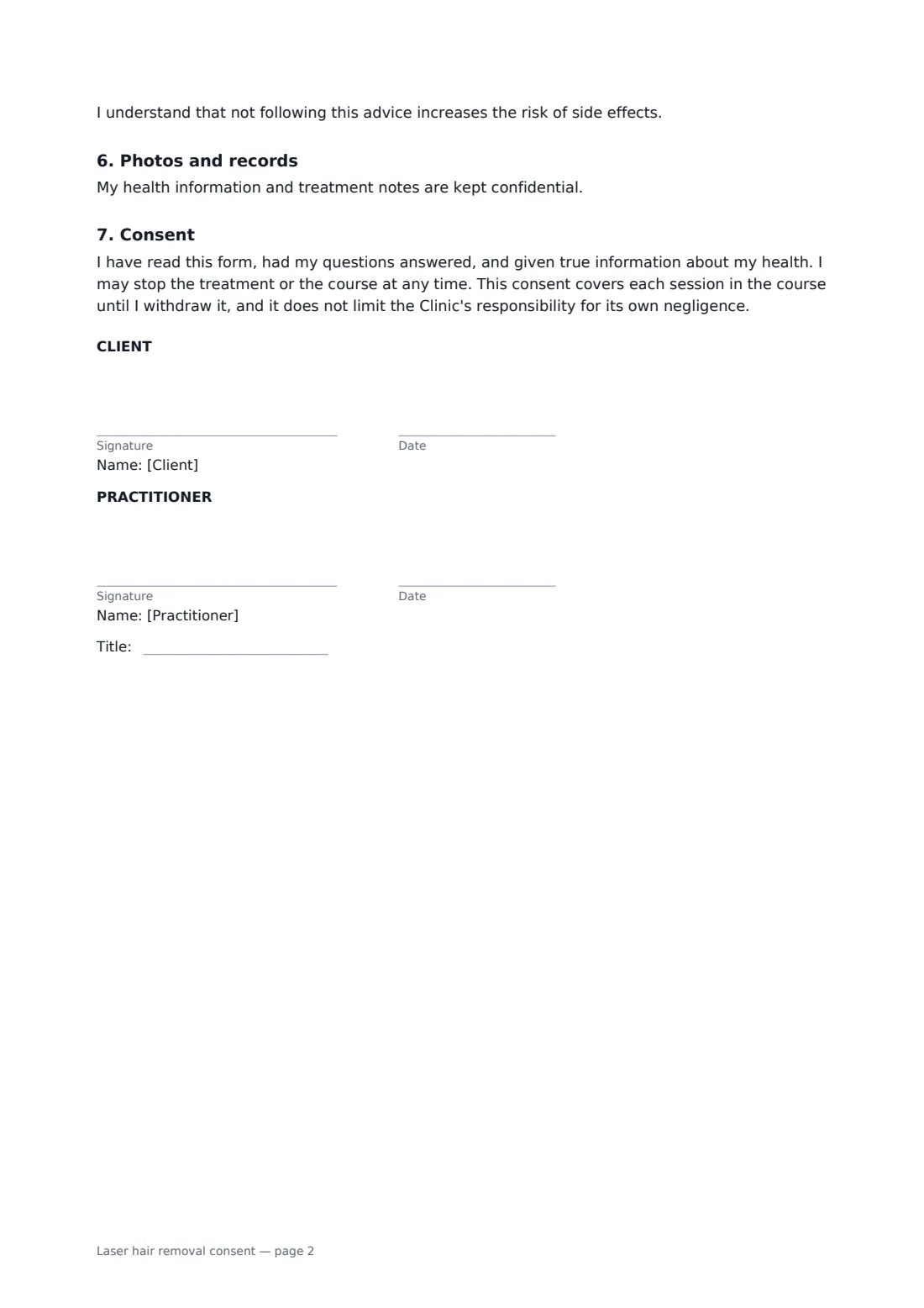 Laser hair removal consent — page 2 of 2