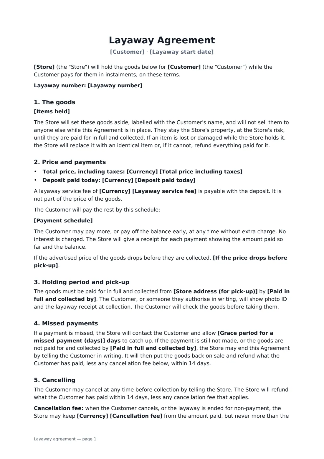 Layaway agreement — page 1 of 2