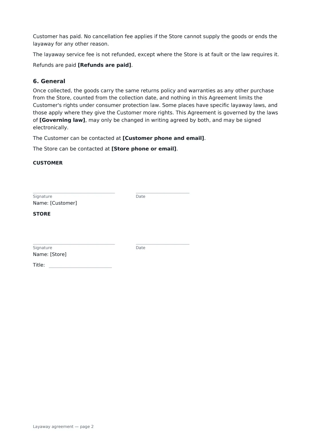 Layaway agreement — page 2 of 2