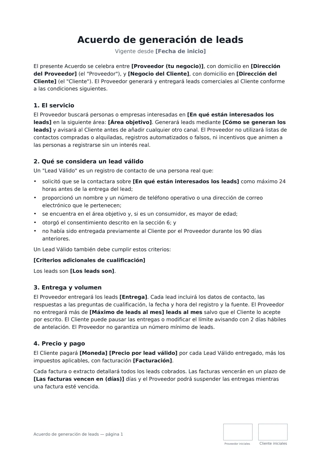 Acuerdo de generación de leads: página 1 de 3