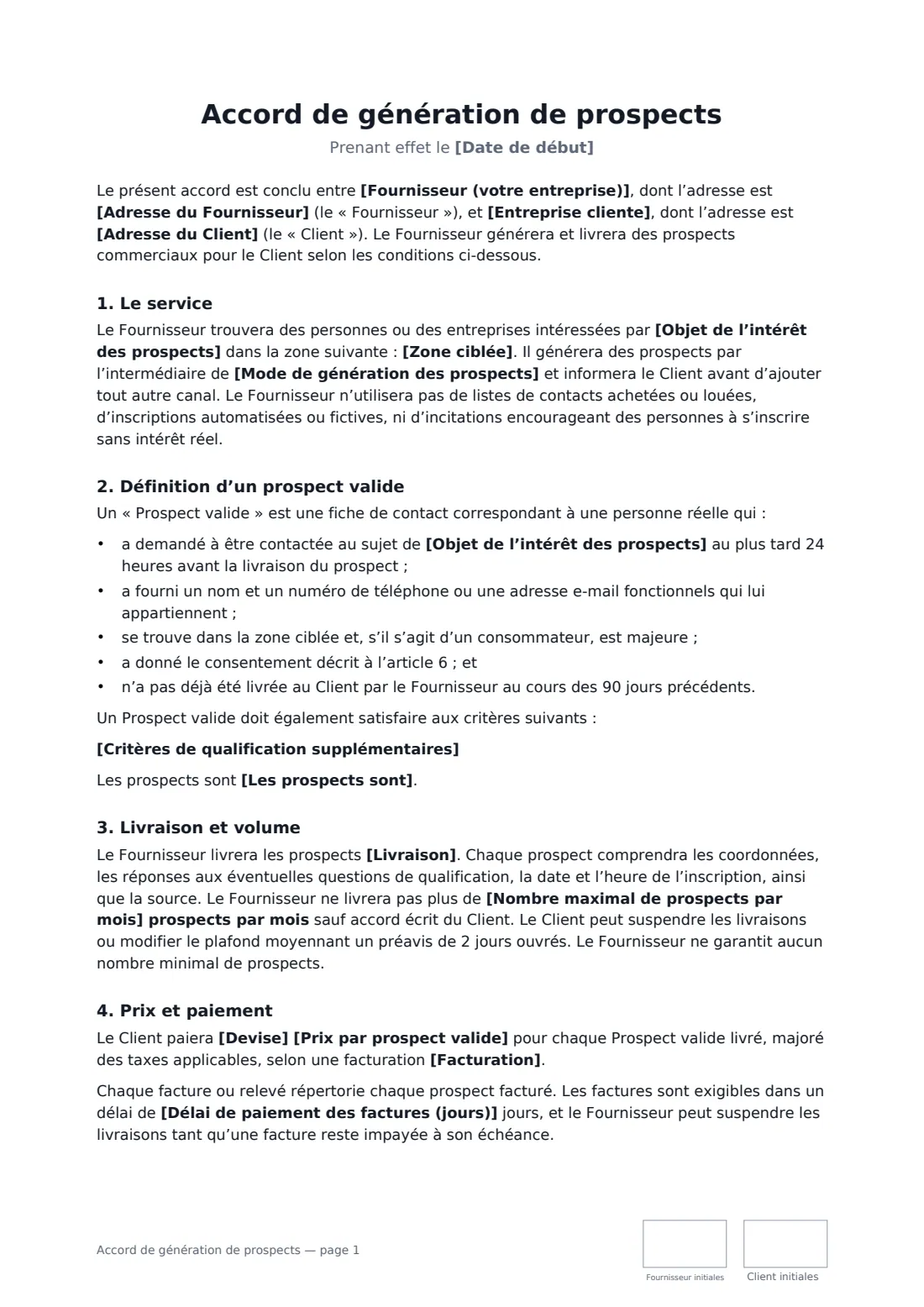 Accord de génération de prospects — page 1 sur 3