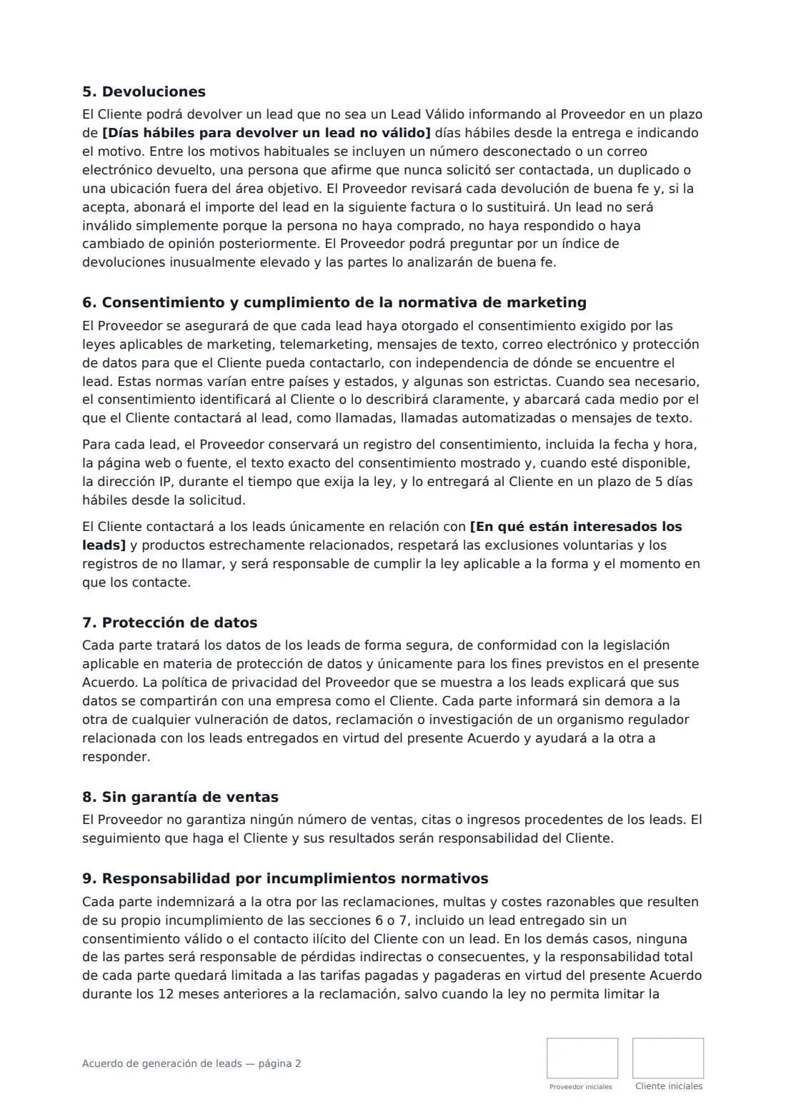 Acuerdo de generación de leads: página 2 de 3