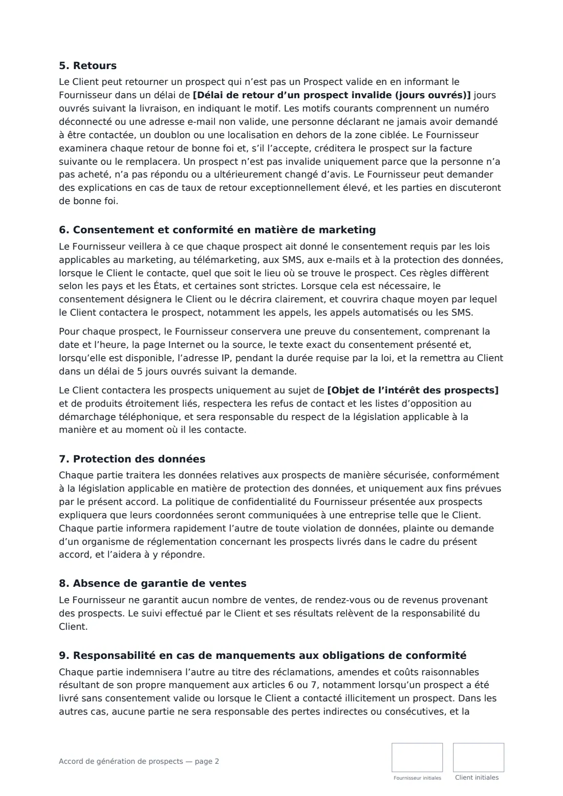 Accord de génération de prospects — page 2 sur 3