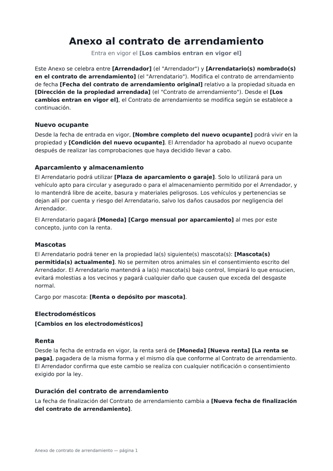 Anexo de contrato de arrendamiento: página 1 de 2