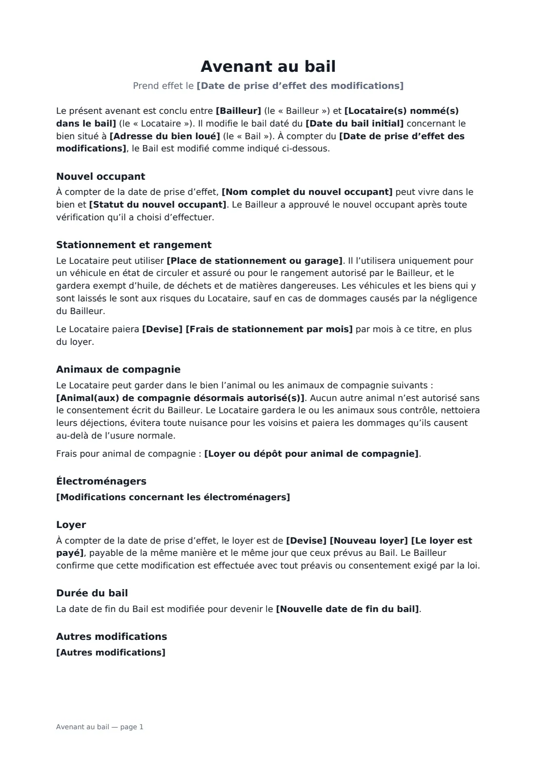 Avenant au bail — page 1 sur 2