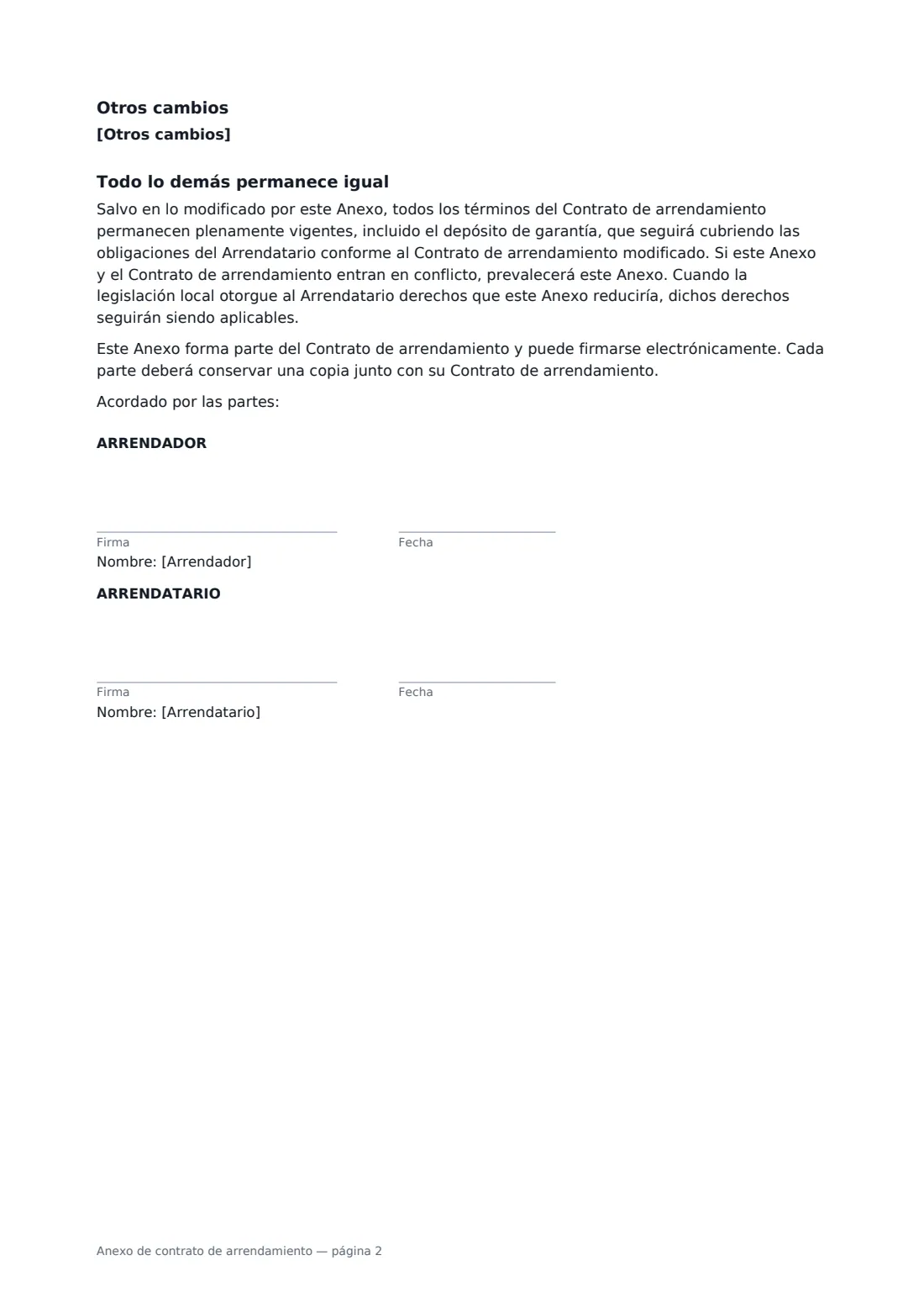 Anexo de contrato de arrendamiento: página 2 de 2