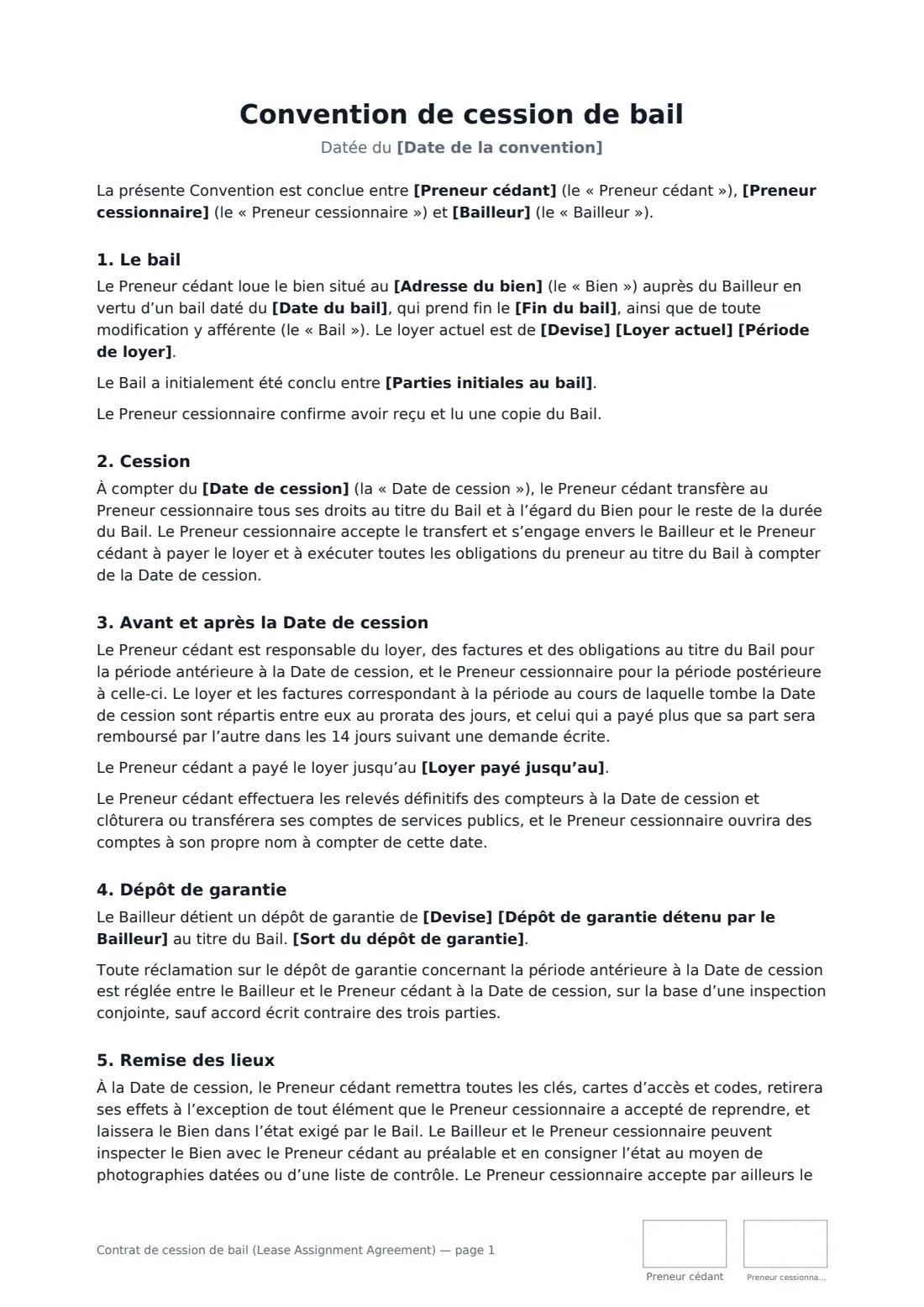 Contrat de cession de bail (Lease Assignment Agreement) — page 1 sur 3