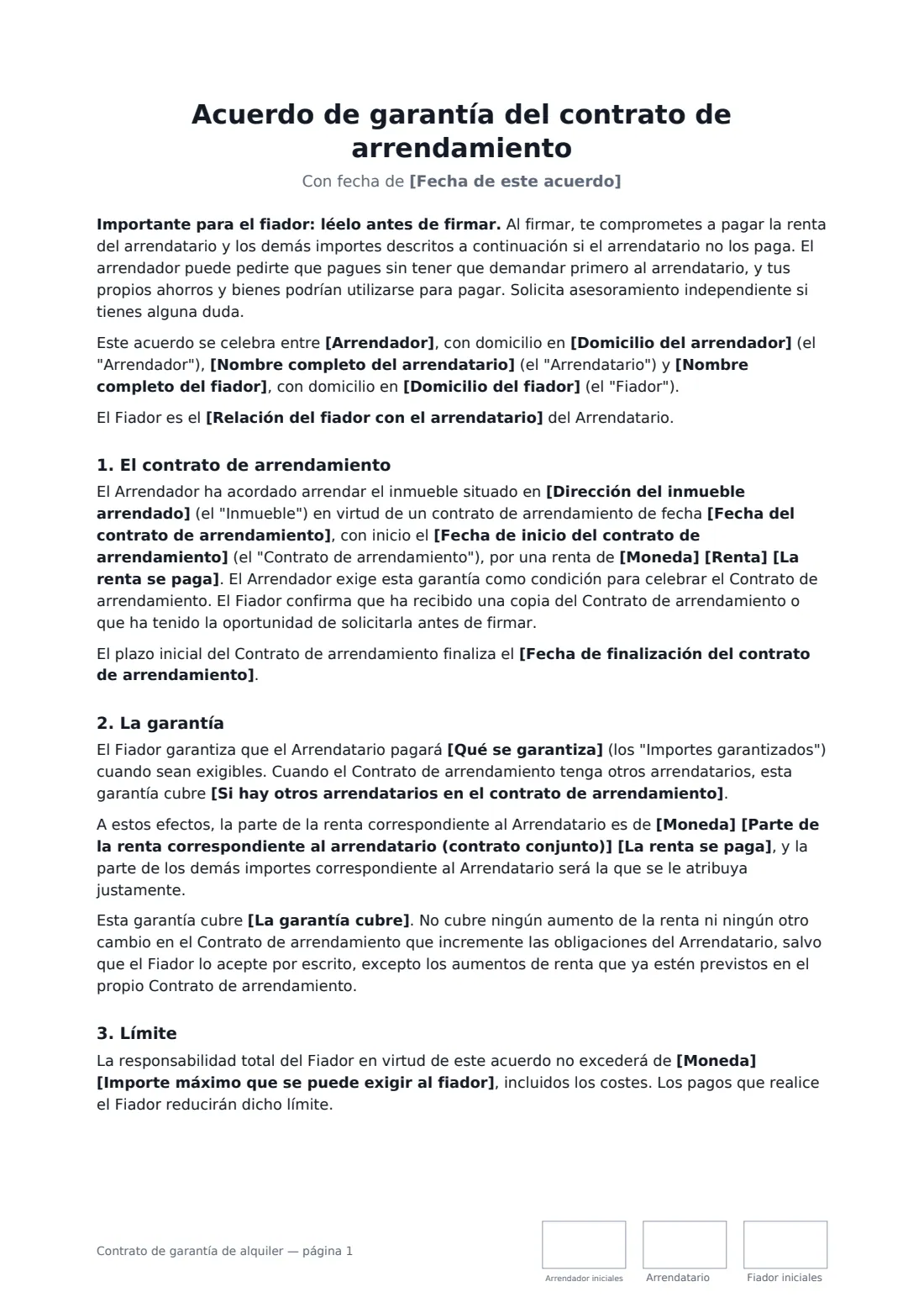 Contrato de garantía de alquiler: página 1 de 3