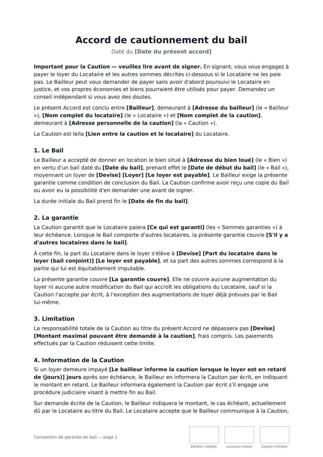 Convention de garantie de bail — page 1 sur 3