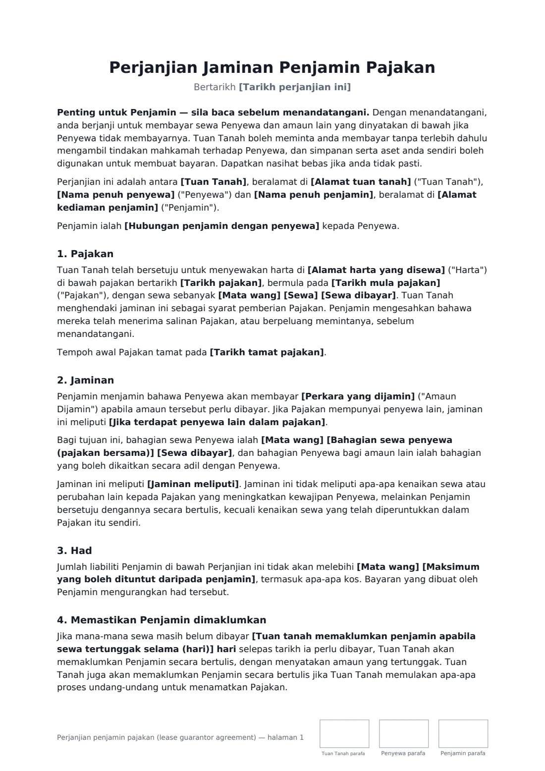 Perjanjian penjamin pajakan (lease guarantor agreement) — halaman 1 daripada 3