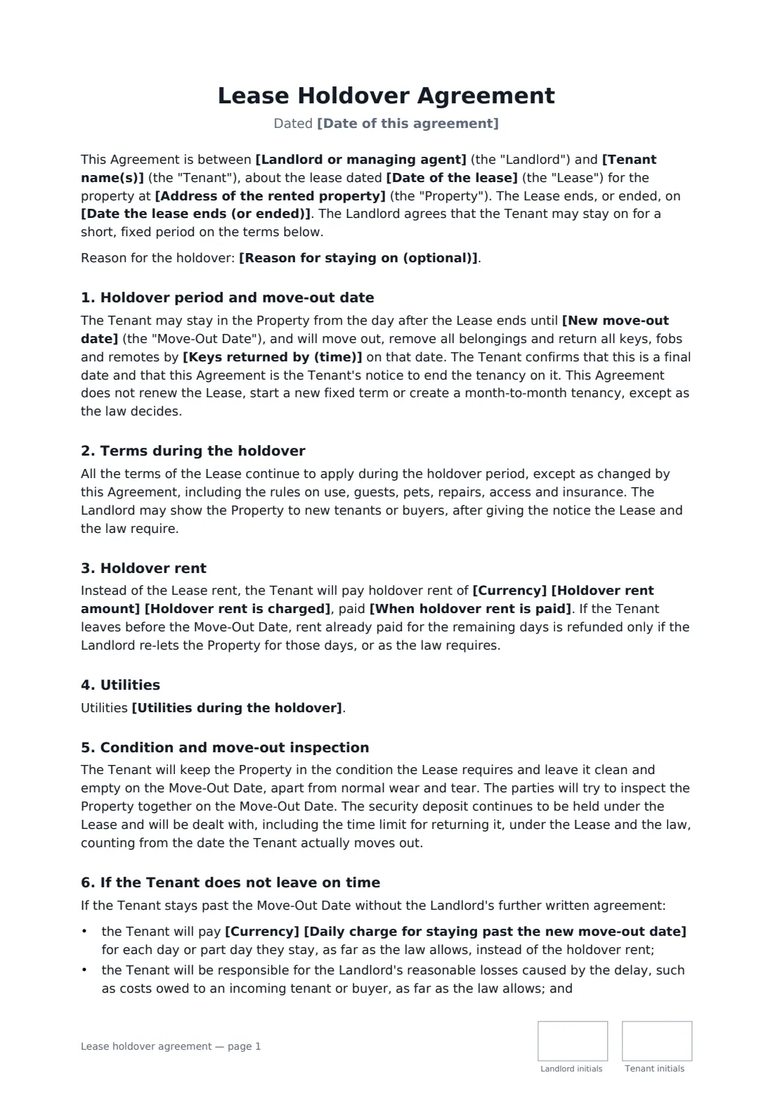 Lease holdover agreement — page 1 of 2