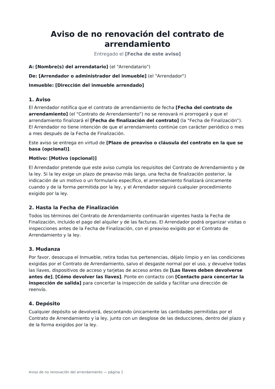 Aviso de no renovación del arrendamiento: página 1 de 2