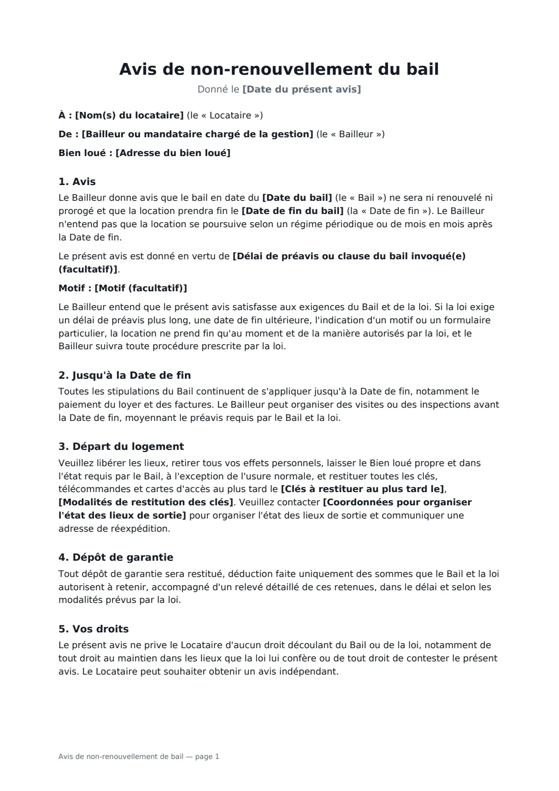 Avis de non-renouvellement de bail — page 1 sur 2