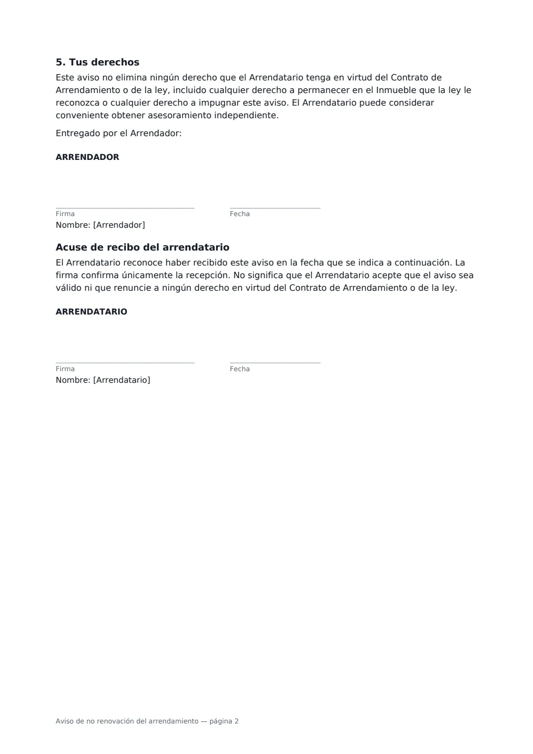 Aviso de no renovación del arrendamiento: página 2 de 2