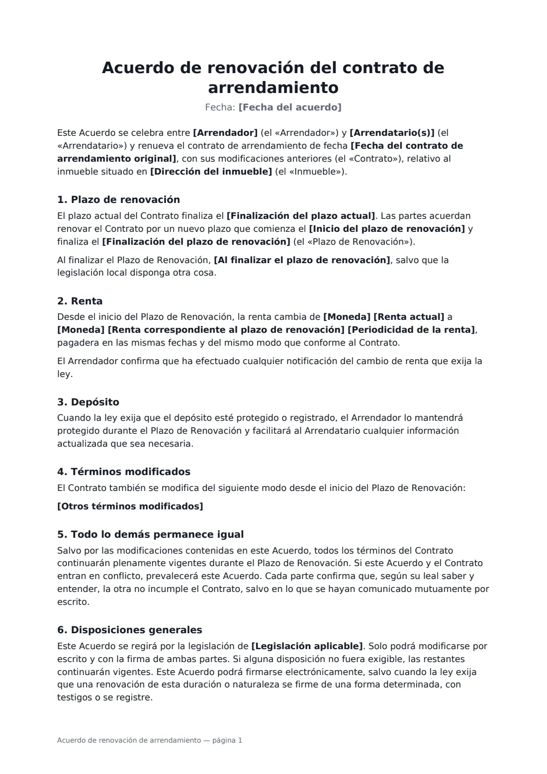 Acuerdo de renovación de arrendamiento: página 1 de 2