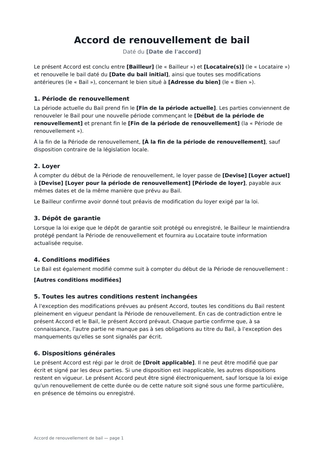 Accord de renouvellement de bail — page 1 sur 2